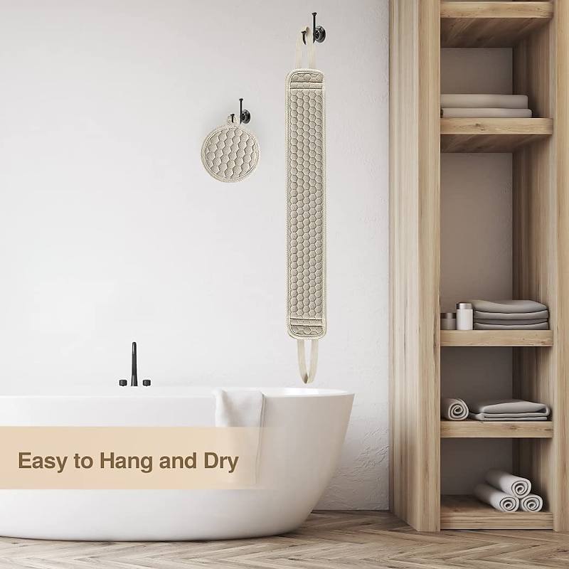 Exfoliating Back Scrubber & Exfoliating Sponge Pad Set for Shower, Bath Shower Scrubber for Men and Women, Luffa Scrubber to Deep Clean Relax Your Body (33 inch & 3.8 inch)3