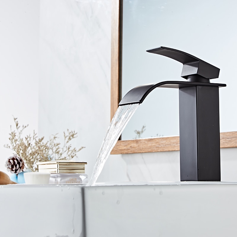 Waterfall Bathroom Sink Mixer Faucet Tall Short, Mono Wash Basin Single Handle Basin Taps, Washroom with Hot and Cold Hose Monobloc Vessel Water Brass Tap Deck Mounted Golden Black4
