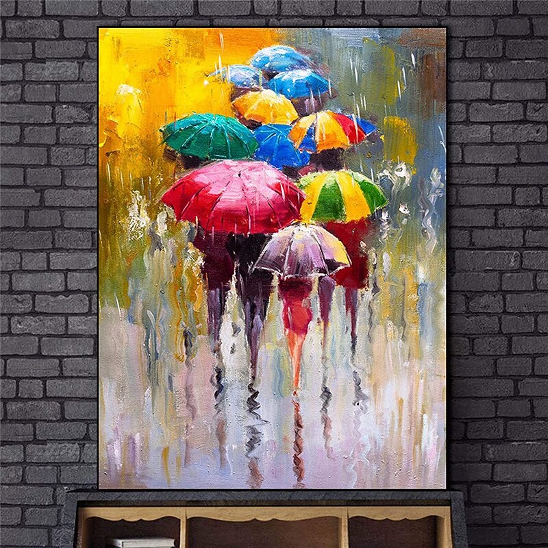40*60cm/60*90cm Handmade Oil Painting Canvas Wall Art Decoration the Crowd with Colorful Umbrellas for Home Decor Stretched Frame Hanging Painting3