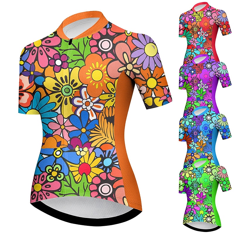 Women's Cycling Jersey Graphic Flower Short Sleeve Bike Jersey Top with 3 Rear Pockets Mountain Bike MTB Road Bike Cycling Quick Dry Reflective Strips Back Pocket Moisture Wicking Sports Red Blue