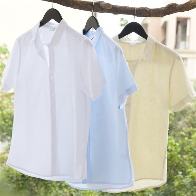 Men's Linen Shirt Summer Shirt Beach Wear Button Up Shirt Plain Casual Daily White Blue Short Sleeve Lapel Summer Clothing Apparel Button-Down