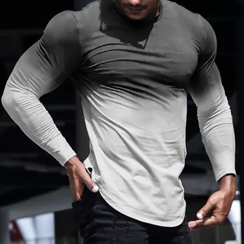 Men's T Shirt Cool Shirt Long Sleeve Shirt Long Sleeve Crew Neck Spring &  Fall Gradient Simple Casual Comfortable Vacation Street Holiday Dark Gray Brown Blue-White Top Tee for Men4