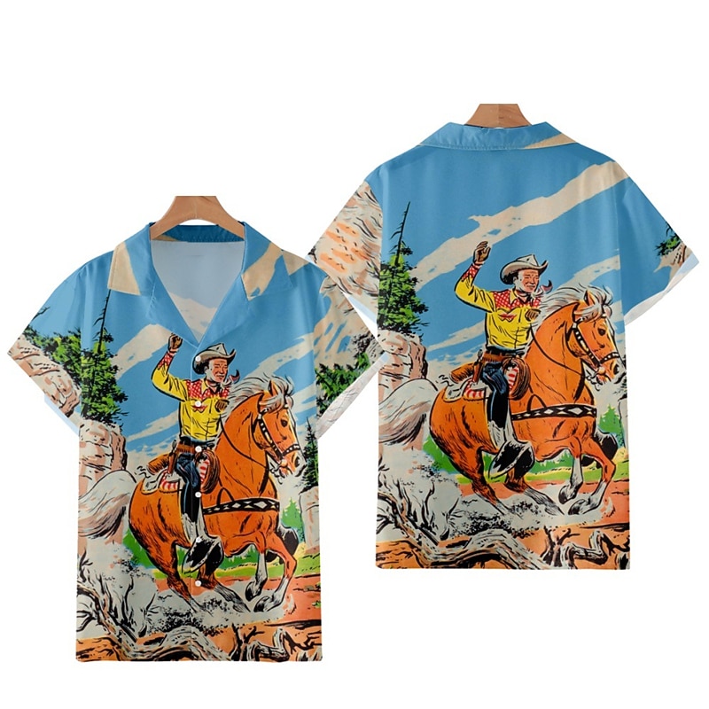 Kentucky Derby Men's Vintage Cowboy Shirt Summer Hawaiian Shirt Aloha Shirt Short Sleeves Shirt Turndown Vintage Fashion Streetwear Street Casual Daily Yellow Red Blue S M L2