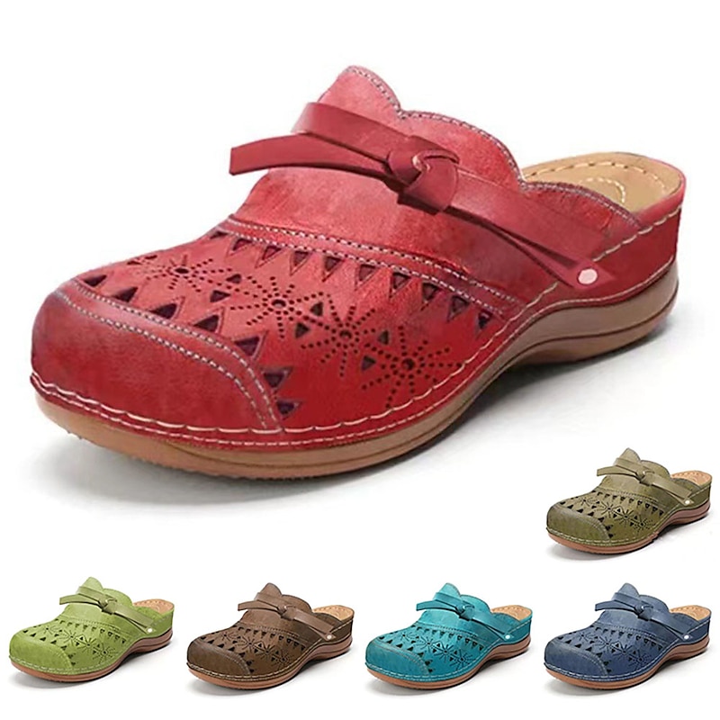 Women's Red Faux Leather Clogs – Vintage Style Slip-On Shoes with Laser-Cut Floral Design and Comfortable Cushioned Sole for Casual Everyday Wear 2025