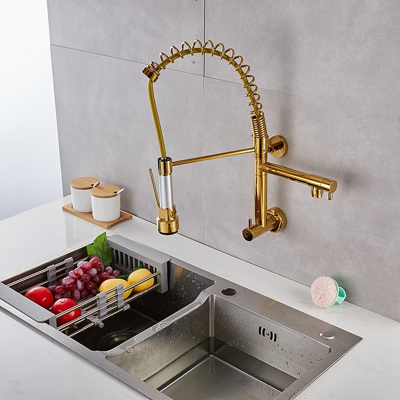 Wall Mounted Kitchen Sink Faucet Only Cold Water Pull Down Sprayer, 360 Swivel Pull Out Kitchen Taps 2 Sprayer Mode Vessel Water Tap Gold Black Chrome 11