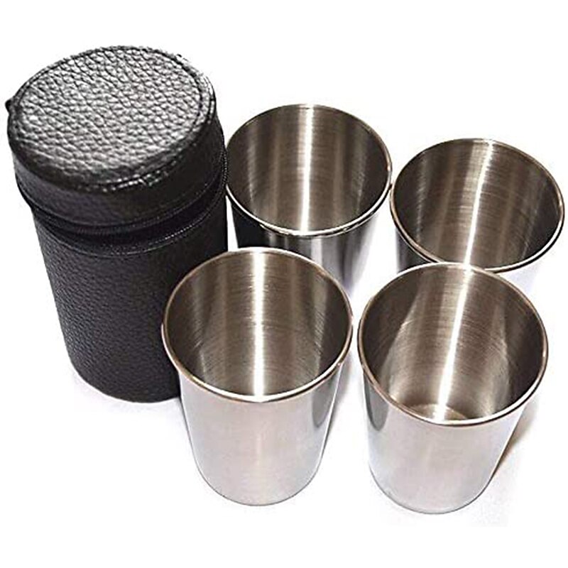 4 Stainless Steel Shot Cups Drinking Vessel with Black Leather Carrying Case (30ml) Outdoor Camping Travel Unbreakable Metal Shooters for Whiskey Tequila Liquor Great Barware Gift3