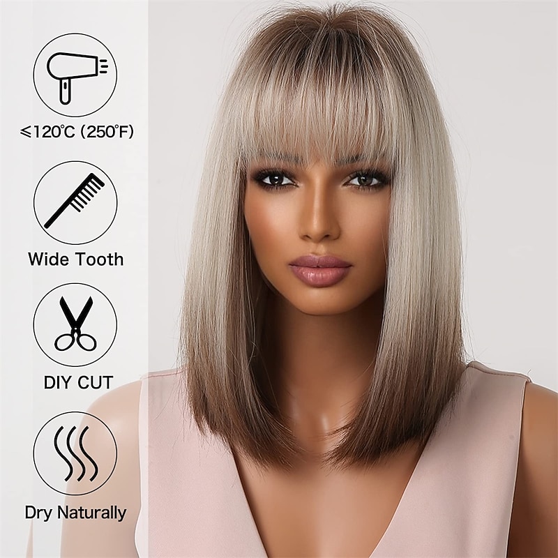 Brown Blonde Ombre Bob Wigs for Women Cosplay Wig with Bangs Dark Roots Gray Natural Hair Synthetic Wig4