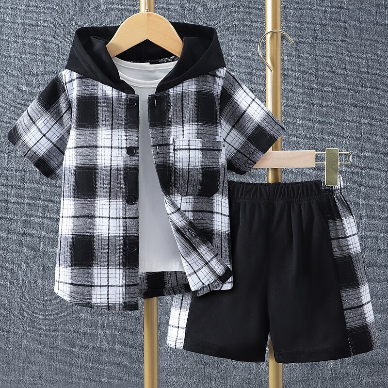 2 Pieces Kids Boys Clothing Set Outfit Plaid Short Sleeve Set Casual Basic Summer 3-7 Years Black Yellow Red