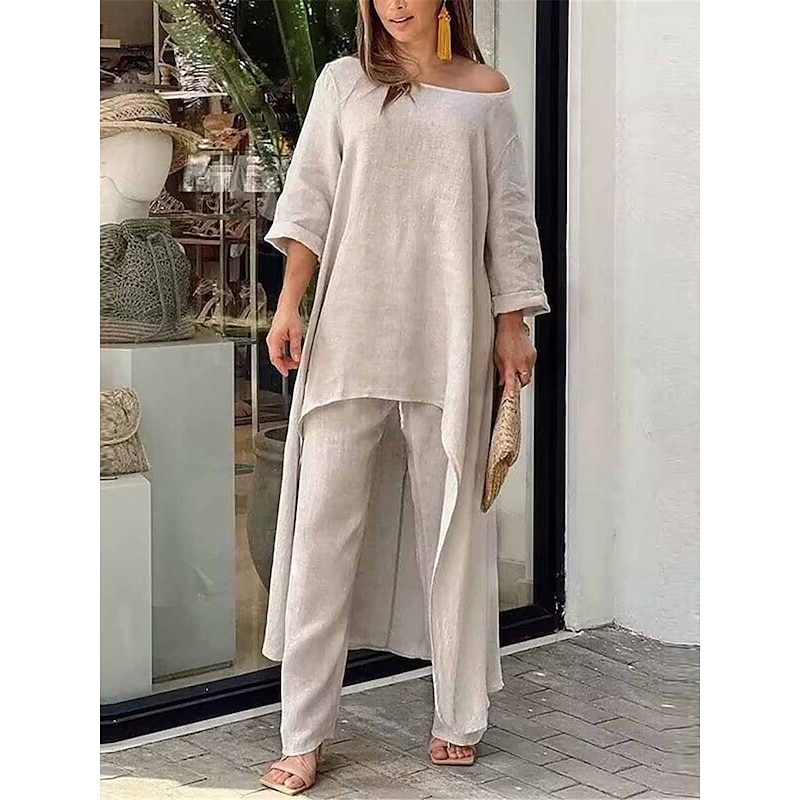 Women's Linen-Inspired Sets Two Piece Sets Pure Color Fashion Simple Casual Street Date Airport Breathable Crew Neck Long Sleeve Pant Summer Spring Home Outfits