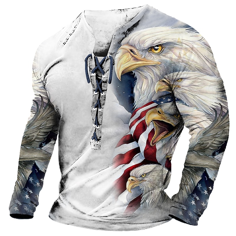 Men's Graphic Eagle T Shirt Tee Long Sleeve T shirt 3D Print Collar Shirt Fashion Designer Comfortable Casual Daily Going out White Blue Purple Spring &  Fall Clothing Apparel S M L XL 2XL 3XL