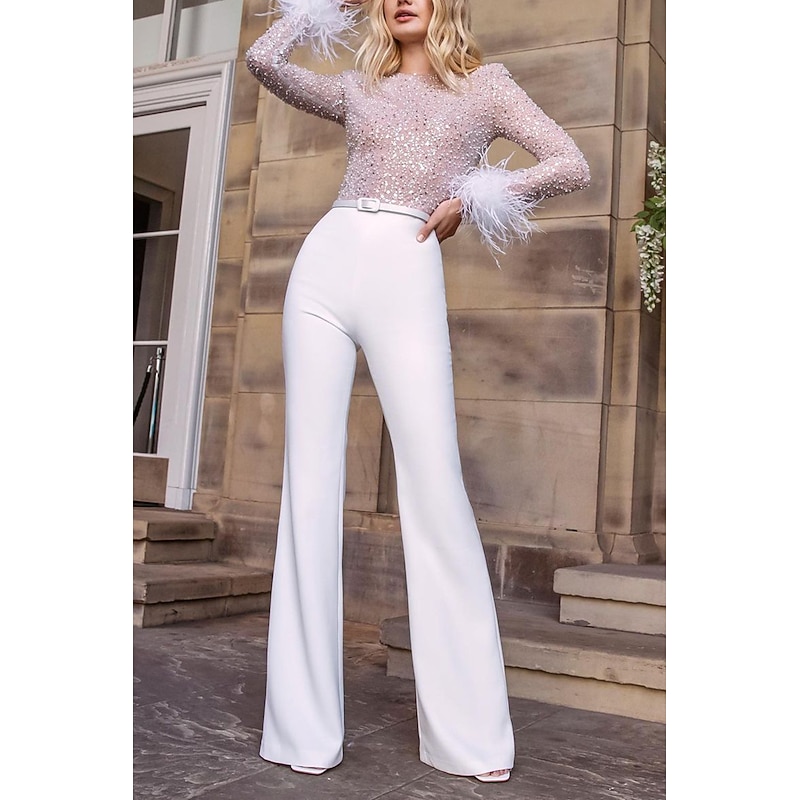 Women's Jumpsuit for Special Occasions Party Solid Color Feather Patchwork Wide Leg Long Sleeve Cocktail Fall Disco2
