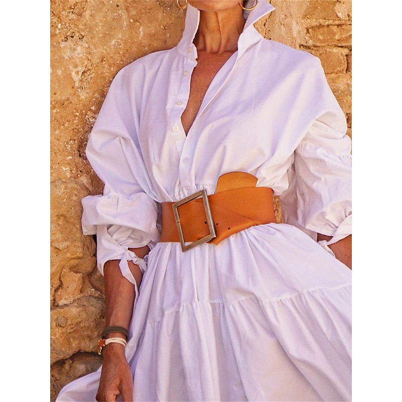 Women's White Dress Shirt Dress Casual Dress Maxi long Dress Outdoor Daily Polyester Fashion Casual Shirt Collar Lace up Button Long Sleeve Summer Spring Regular Fit Pure Color2