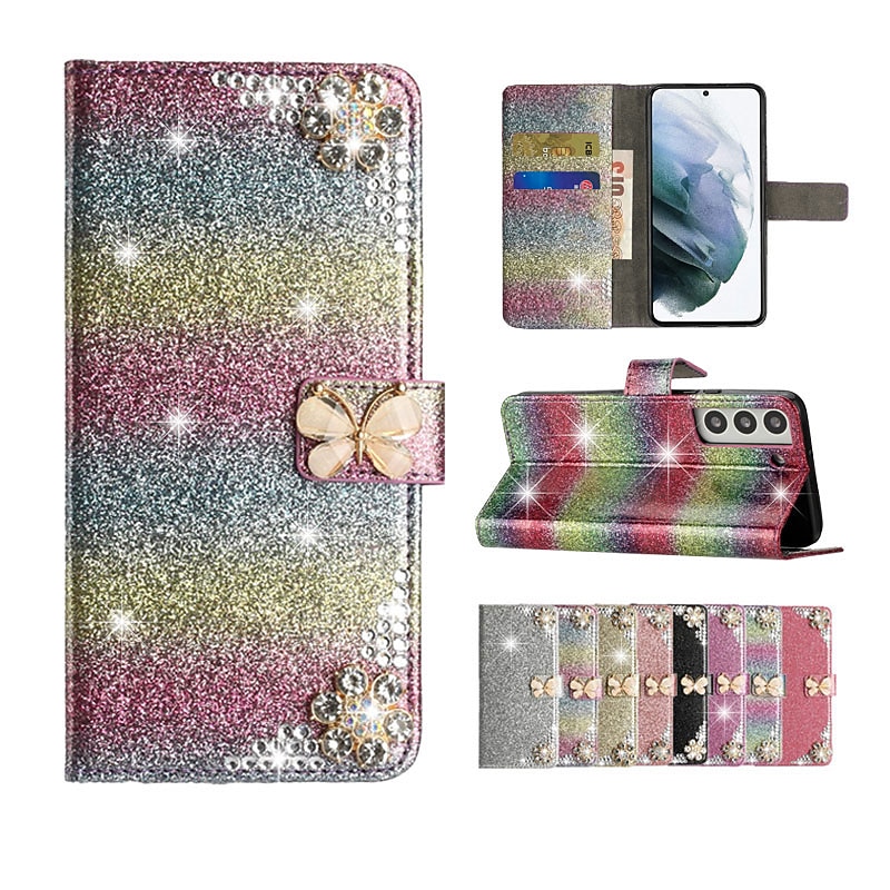 Phone Case For Samsung Galaxy S25 S23 S22 S21 Ultra Plus A35 5G A14 A12 Wallet Case Rhinestone Wallet Full Body Protective Glitter Shine Crystal Diamond TPU PC PU Leather
