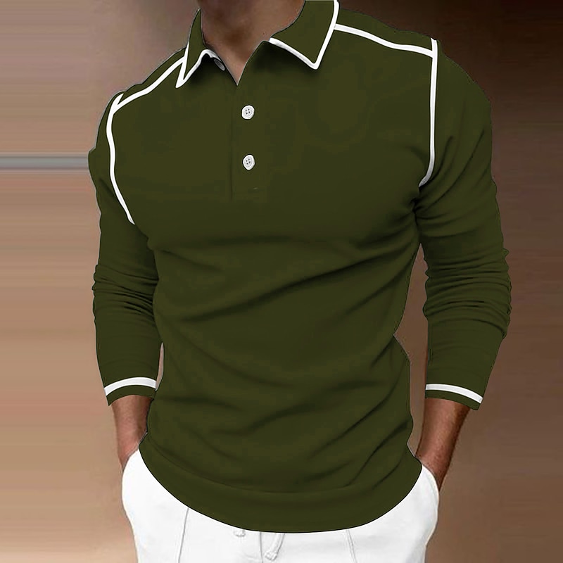 Men's Polo Shirt Golf Shirt Street Casual Polo Collar Classic Long Sleeve Fashion Designer Solid Colored Patchwork 3D Print Spring & Fall Regular Fit Wine Navy Blue Polo Shirt3