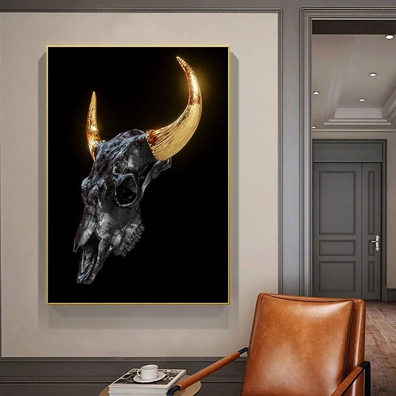 Gold Metal Horns Bull Skull Statue Art Canvas Painting Posters and Prints Wall Art Pictures for Living Room Wall Decor4