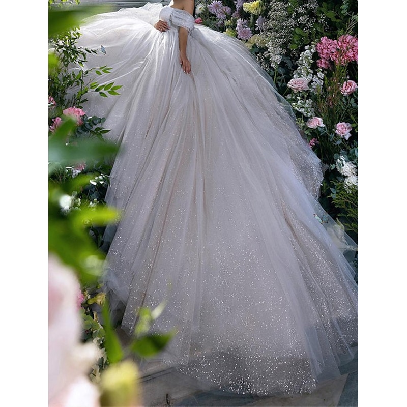 Engagement Sparkle & Shine Formal Wedding Dresses Ball Gown Off Shoulder Cap Sleeve Chapel Train Sequined Bridal Gowns With Solid Color3