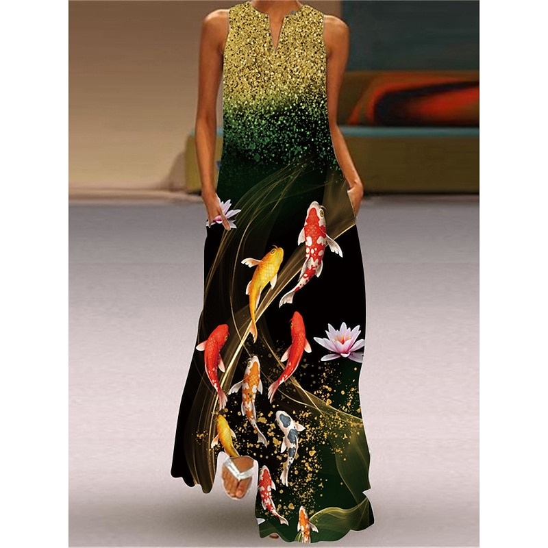 Women's Maxi long Dress Midi Dress Casual Dress T Shirt Dress Tee Dress Print Dress Streetwear Casual Outdoor Vacation Going out Regular Fit Floral Peacock Fish Sleeveless V Neck Yellow Royal Blue2