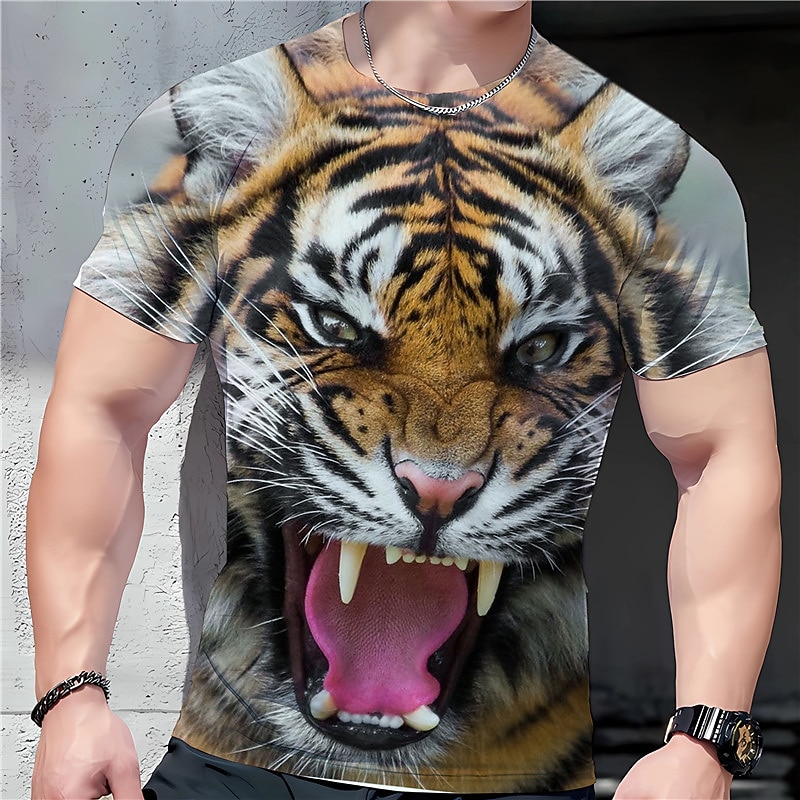 Men's Graphic Animal Tiger T Shirt Tee Short Sleeve T shirt 3D Print Crew Neck Shirt Vintage Fashion Designer Outdoor Casual Daily Black White Brown Spring & Summer Clothing Apparel S M L XL 2XL 3XL