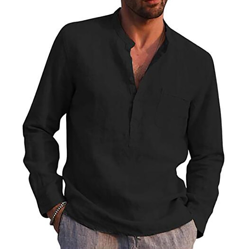 Men's Linen Shirt Band Collar Shirt Summer Shirt Beach Wear Solid Color Daily Hawaiian Black White Wine Navy Blue Long Sleeve Henley Spring & Fall Clothing Apparel Collared Shirts2