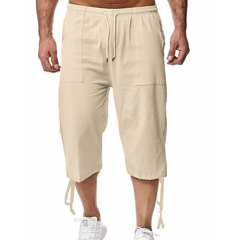 Men's Capri Pants Linen Shorts Summer Shorts Beach Shorts Pocket Elastic Waist Drawstring Plain Soft Breathable Calf-Length Sports Outdoor Casual Black Blue3