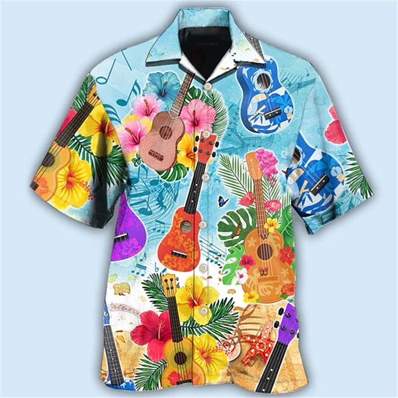 Men's Food Music Guitar Shirt Summer Hawaiian Shirt Button Up Shirt Short Sleeve Sports Fashion Streetwear Casual Hawaiian Holiday Summer Spring Cuban Collar Print Button-Down Black-White White3