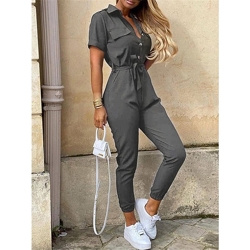 Women's Jumpsuits Casual Summer Button Solid Color Shirt Collar Streetwear Daily Vacation Regular Fit Short Sleeve Pink Wine Navy Blue S M L3