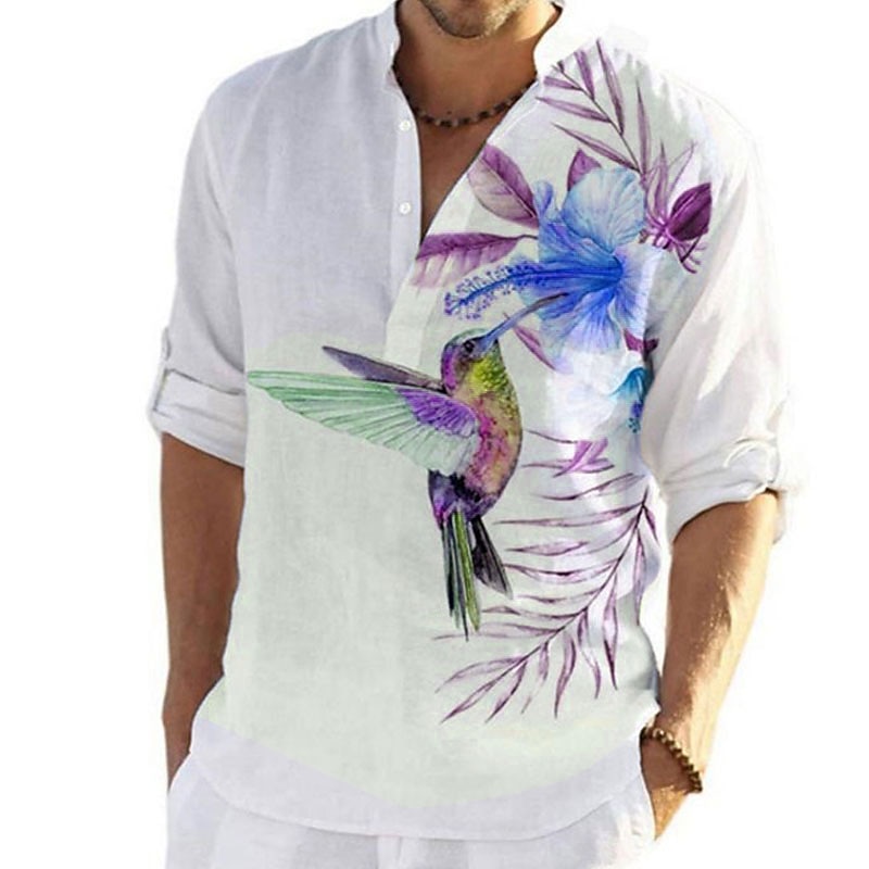 Men's Floral Animal Bird Shirt Summer Hawaiian Shirt Aloha Shirt Long Sleeve Shirt Turndown Fashion Designer Casual Outdoor Street Casual White Pink Blue 3D Print S M L3