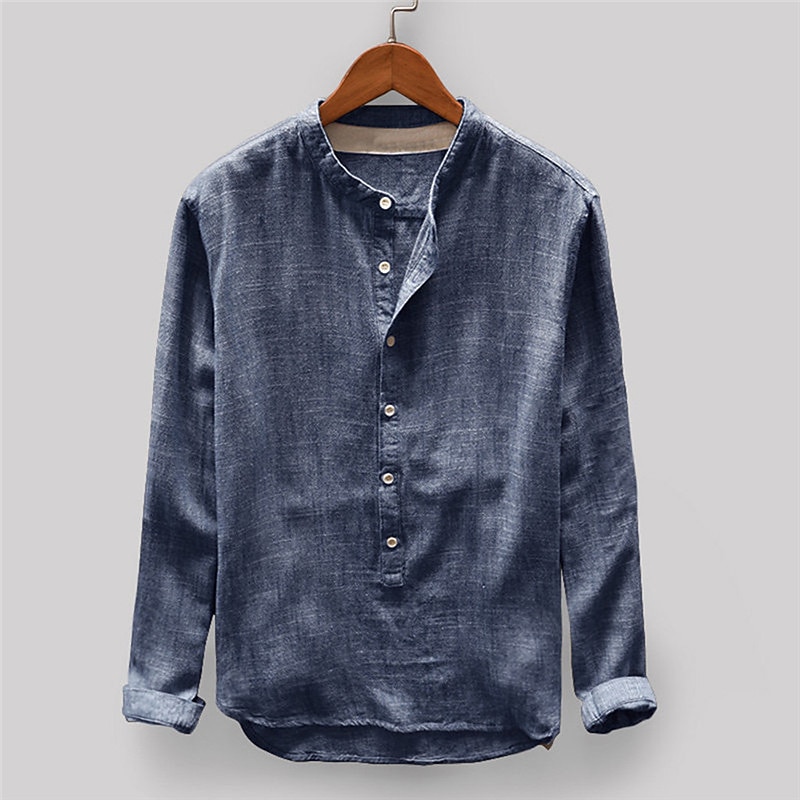 Men's Cotton Linen Shirt Summer Shirt Casual Shirt Beach Shirt Button Up Shirt Plain Vacation Casual Yellow Navy Blue Khaki Gray Long Sleeve Grandad Collar Spring & Summer Clothing Apparel2