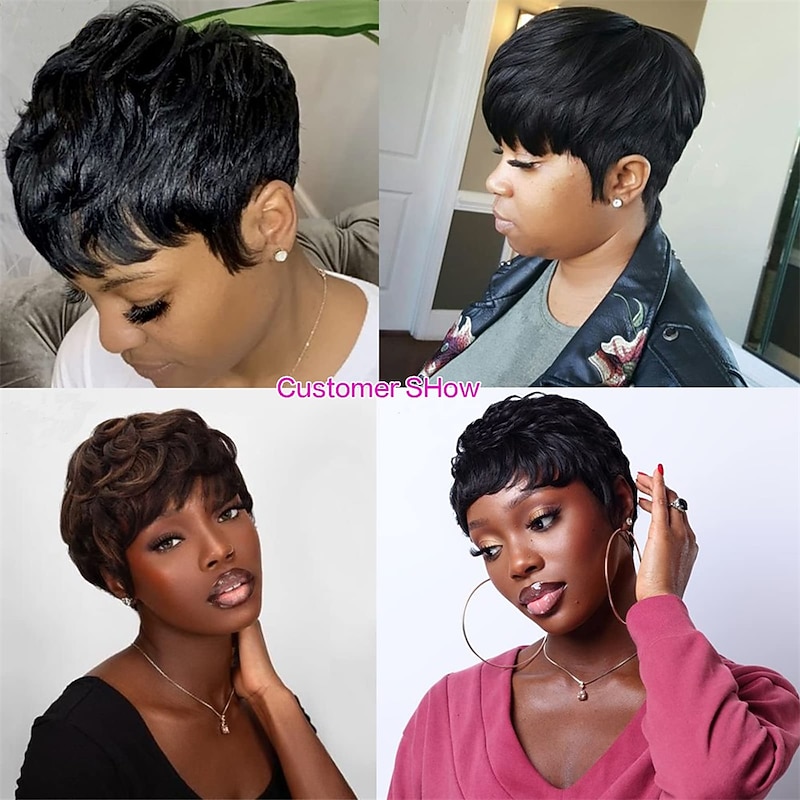 Short Hair Wigs Pixie Cut Straight Short Bob Wig for Black Women 100% Brazilian Virgin Human Hair Non Lace Full Machine Made 6 inch Natural Black Color Pixie Wig4