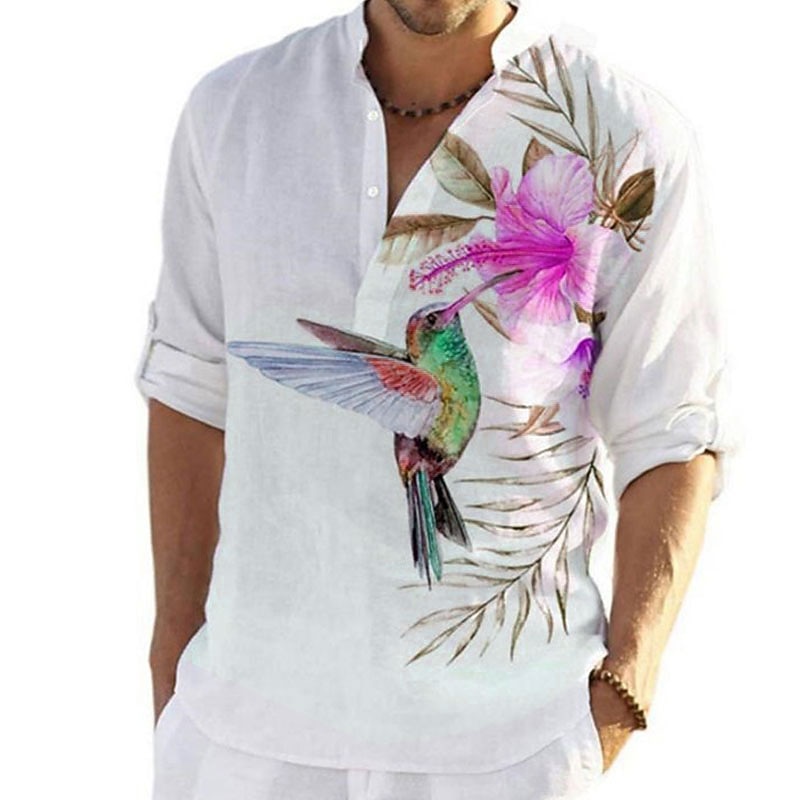 Men's Floral Animal Bird Shirt Summer Hawaiian Shirt Aloha Shirt Long Sleeve Shirt Turndown Fashion Designer Casual Outdoor Street Casual White Pink Blue 3D Print S M L2