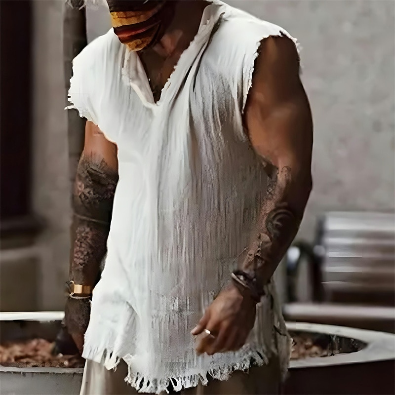 Men's Shirt Linen Shirt Viking Style Summer Shirt Beach Wear Plain Vacation Hawaiian White Wine Blue Dark Grey Sleeveless V Neck Summer Clothing Apparel