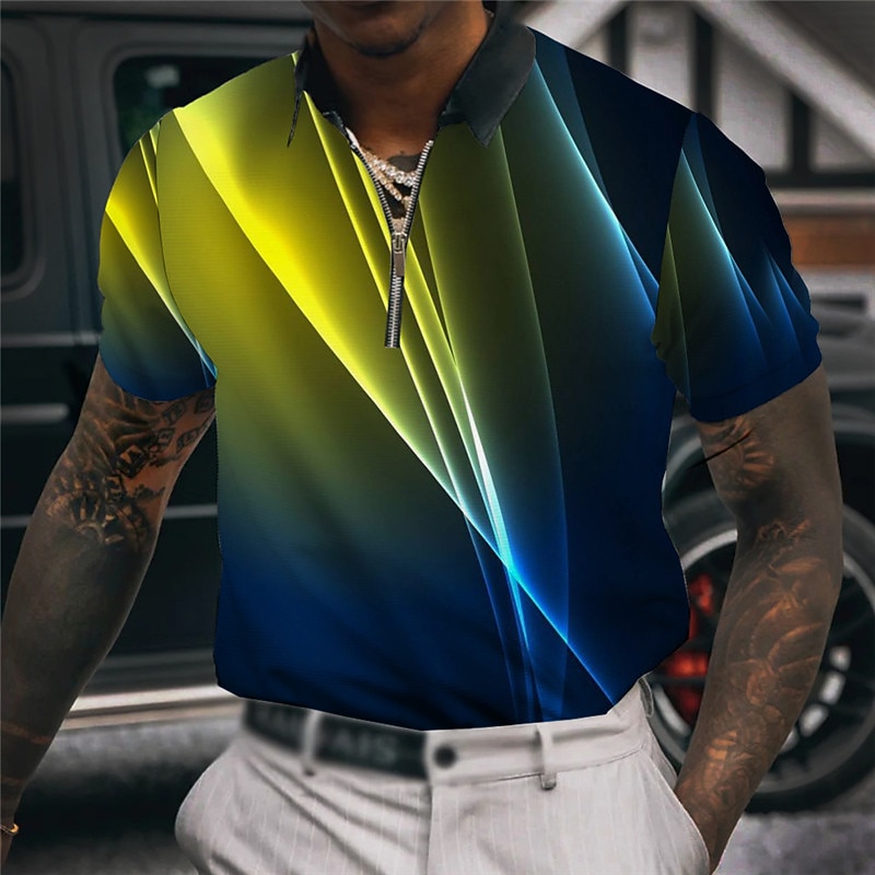 Men's Polo Shirts Big and Tall Gradient Turndown Zipper Short Sleeves Summer Spring Fashion Designer Casual Breathable Outdoor Street Tops