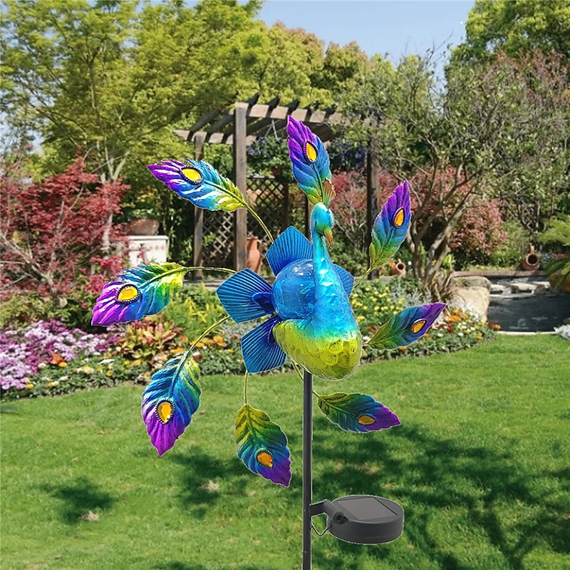 Solar Painted Peacock Garden Lights Metal Peacock Windmill Yard Stakes Outdoor Wind Spinners For Garden Yard Patio Lawn Decor lamp  1PC3