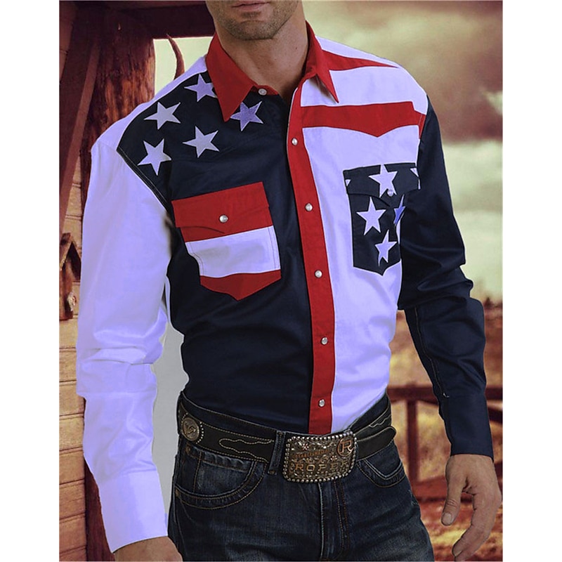 Men's American Flag Western Shirt Button Up Shirt Cowboy Shirt Long Sleeve Western Daily Fall & Winter Turndown Collared Shirts 3D Print Front Pocket Yellow Navy Blue Blue Purple2