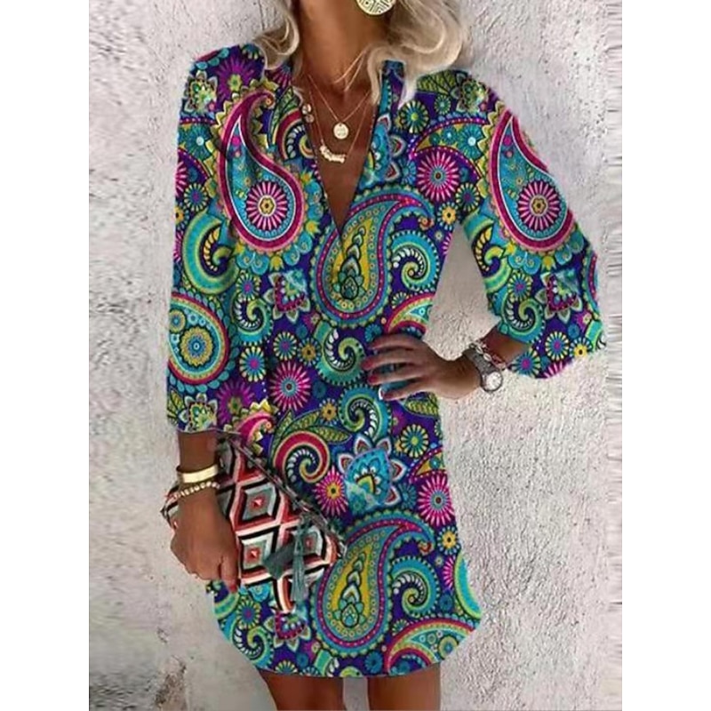 Women's Casual Dress Ethnic Dress Mini Dress Red 3/4 Length Sleeve Floral Print Summer Spring Fall V Neck Casual Weekend 2023 S M L XL XXL 3XL4