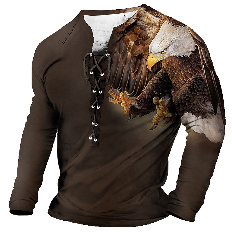 Men's T Shirt Tee Graphic Animal Eagle Collar Clothing Apparel 3D Print Casual Daily Going out Long Sleeve Lace up Print Polyester Fashion Designer Comfortable