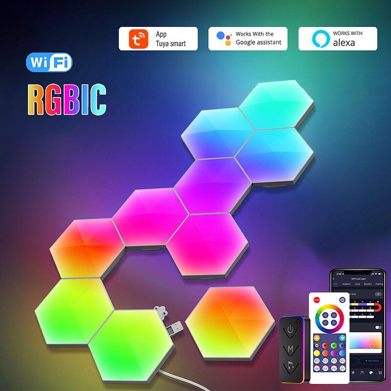 RGBIC LED Smart Light Board Hexagon Lamp Indoor Atmosphere Wall Lamp Voice Control APP Night Light Game Room Bedroom Decoration2