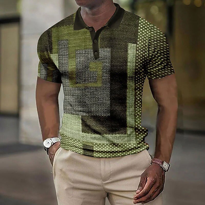 Men's Plaid Waffle Polo Shirts Golf Shirt Short Sleeve Polo Shirts Collared Shirts Vintage Casual Vacation Wear Formal Wear Festival Wear 3D Print Buttons Wine Blue Brown3