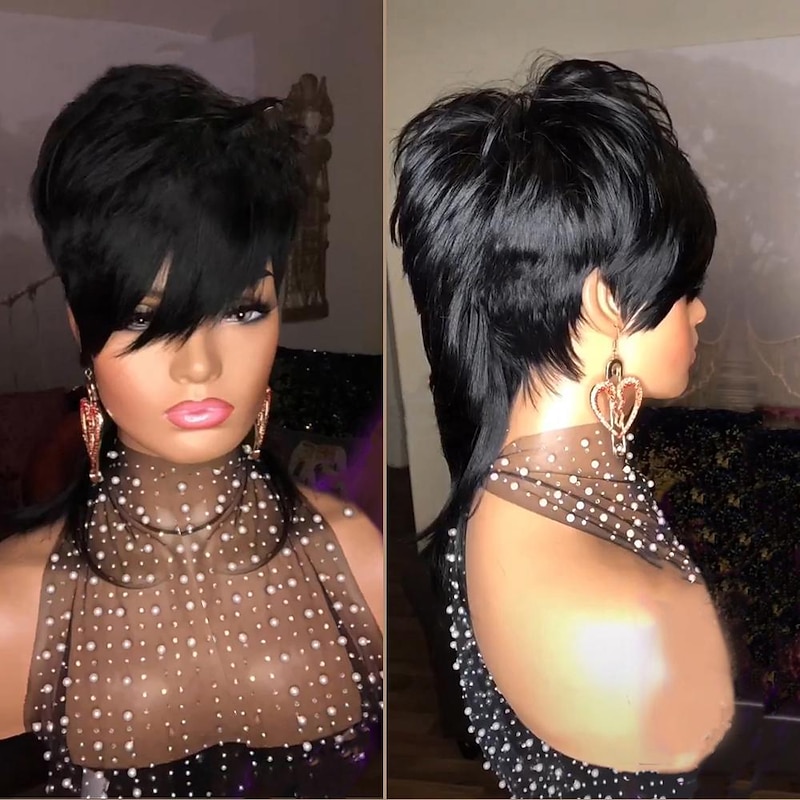 Full Machine Made Wig With Bangs Mullet 10 Inches Body Wave  Brazilian Human Hair Wigs For Women Short Pixie Cut Wigs