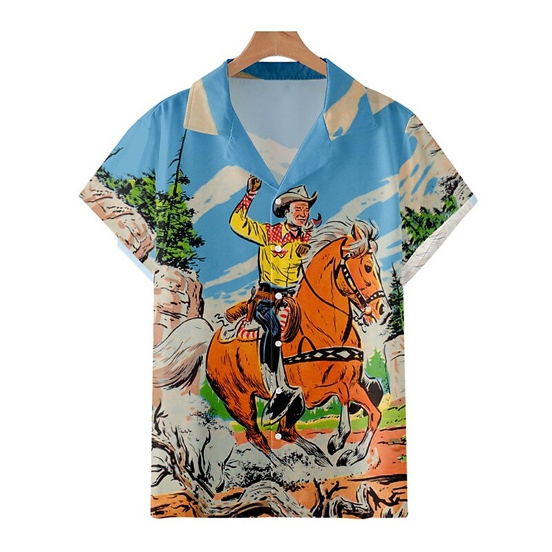 Kentucky Derby Men's Vintage Cowboy Shirt Summer Hawaiian Shirt Aloha Shirt Short Sleeves Shirt Turndown Vintage Fashion Streetwear Street Casual Daily Yellow Red Blue S M L