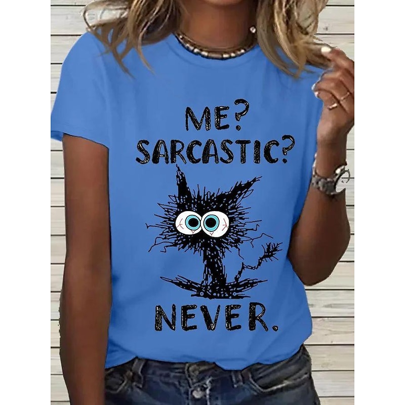 Women's T Shirt Basic Funny Cat Letter Print Short Sleeve Regular Tops Round Neck Daily Weekend White Pink Blue3