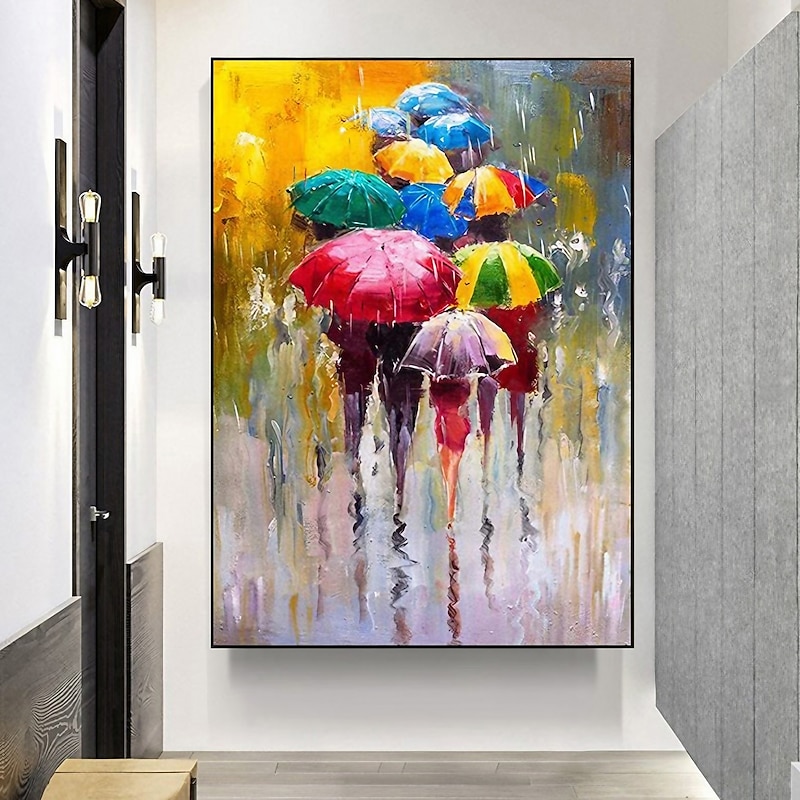 40*60cm/60*90cm Handmade Oil Painting Canvas Wall Art Decoration the Crowd with Colorful Umbrellas for Home Decor Stretched Frame Hanging Painting