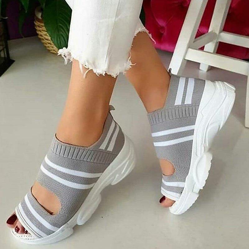 Women's Sporty Knit Peep Toe Sandals with Chunky White Sole and Striped Design, Breathable Platform Sneakers Sandals for Summer Walking and Casual Outfits4