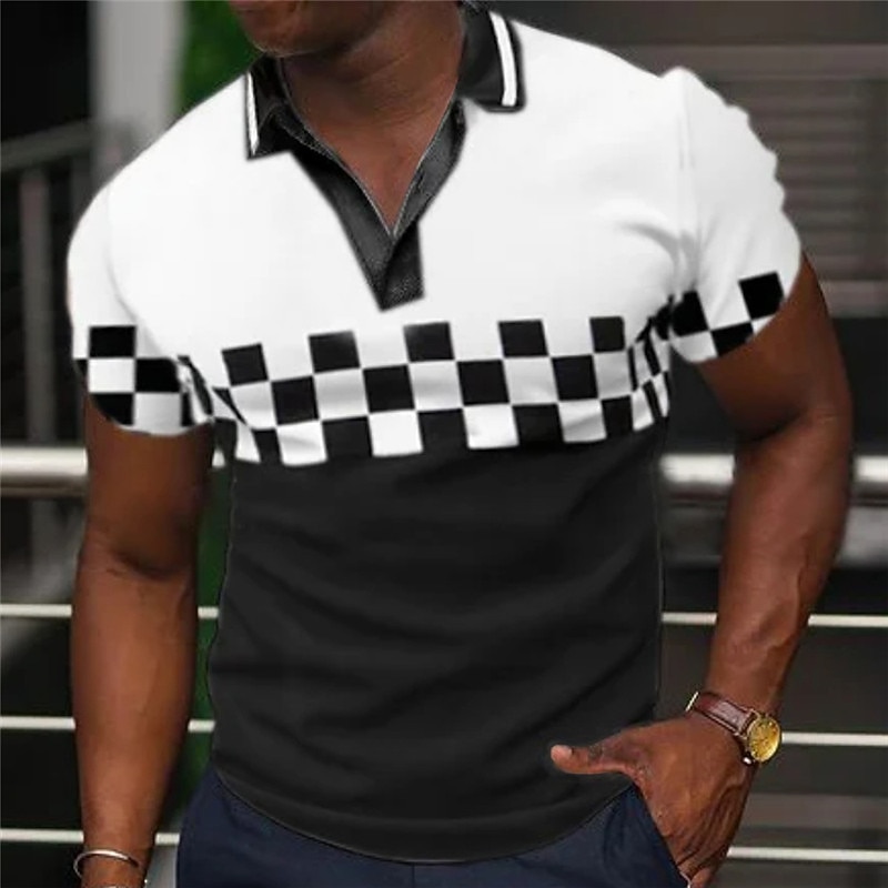 Men's Plaid Polo Shirts Golf Shirt Short Sleeve Polo Shirts V Neck Casual Vacation Wear Formal Wear Festival Wear 3D Print Black Yellow Blue - Main Image