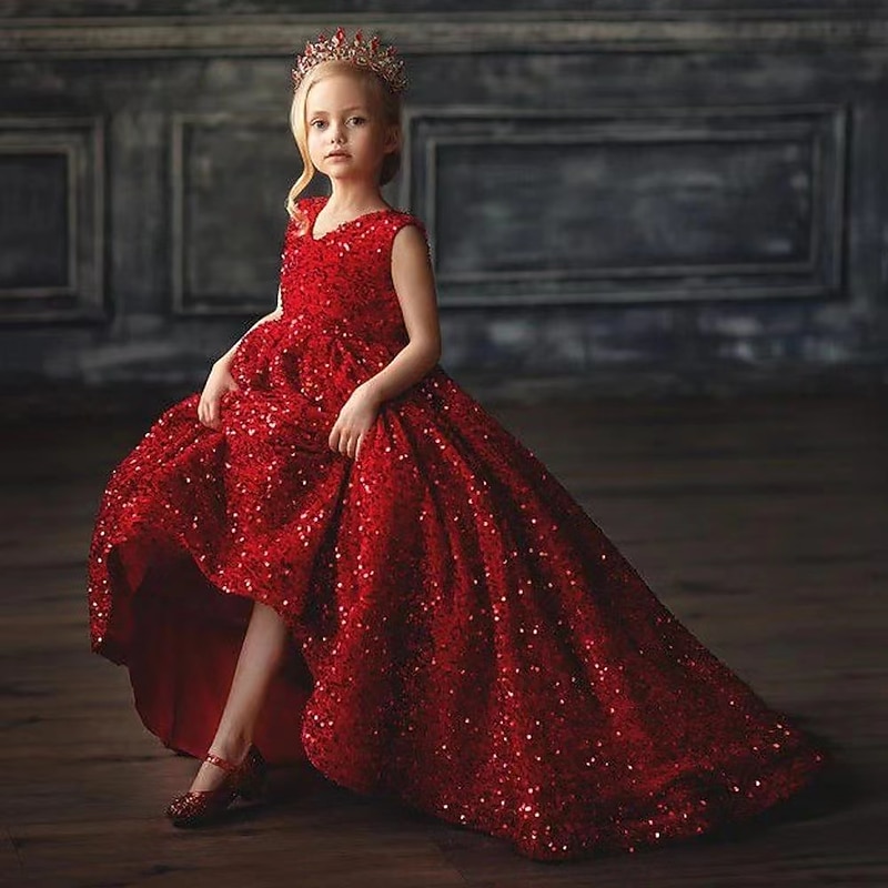Kids Toddler Girls' Dress Sequin Sleeveless Long Sleeve Wedding Special Occasion Ruched Backless Patchwork Cute Princess Polyester Velvet Maxi Swing Dress Summer Spring 4-12 Years Silver Wine Red