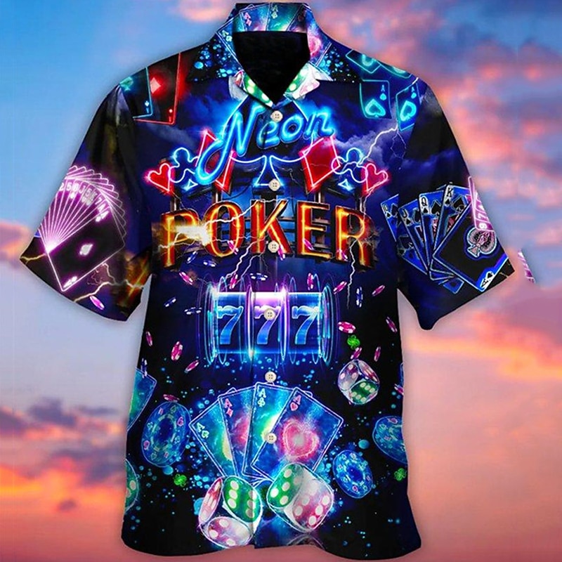 Men's Letter Poker Lights Shirt Summer Hawaiian Shirt Aloha Shirt Short Sleeve Shirt Cuban Collar Sports Fashion Streetwear Casual Hawaiian Holiday Yellow Red Blue S M L