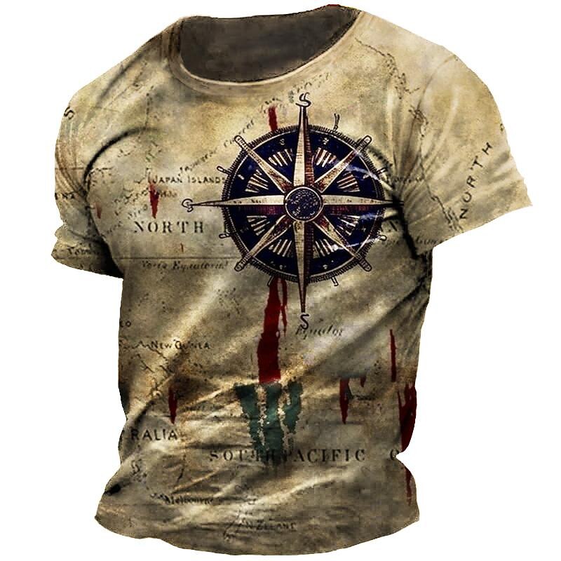Men's Graphic Nautical Compass T Shirt Tee Distressed T Shirt Short Sleeve T shirt 3D Print Crew Neck Shirt Vintage Fashion Designer Outdoor Casual Daily Khaki Spring & Summer Clothing Apparel S M L