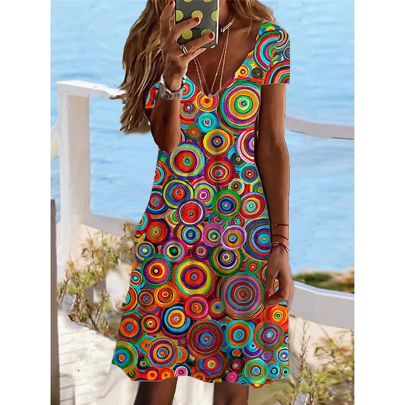 Women's Mini Dress Petite Dress T Shirt Dress Tee Dress Sundress Summer Dress Active Fashion Streetwear Outdoor Vacation Birthday Regular Fit Geometric Short Sleeve V Neck Rainbow Summer