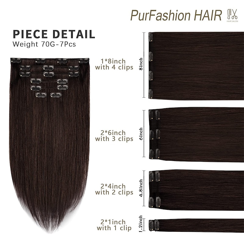 Clip in Hair Extensions PurFashion Dark Brown 20 inch 70g 7pcs Thick and Straight 100% Remy Clip in Hair Extensions Human Hair4