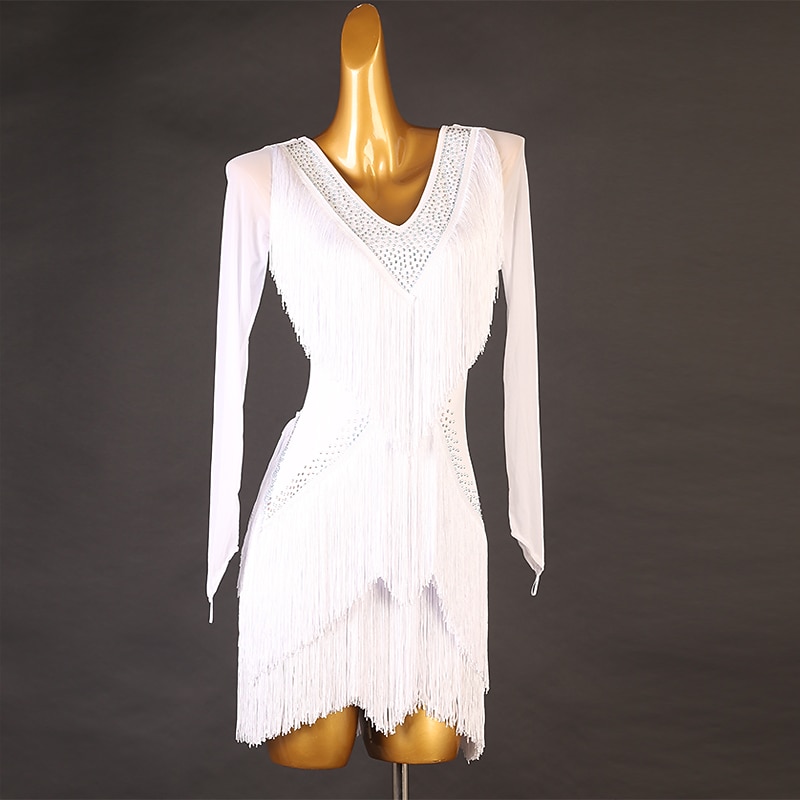 Dance Salsa Latin Dance Dress Rhinestone Fringed Tassel Split Joint Women's Performance Training Long Sleeve High Spandex Tulle2